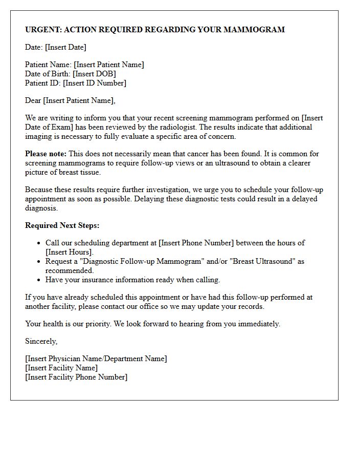 Urgent Follow-Up Mammogram Screening Letter