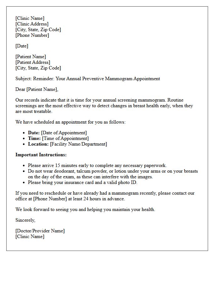 Annual Preventative Mammogram Appointment Letter