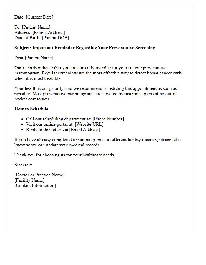 Overdue Preventative Mammogram Screening Letter