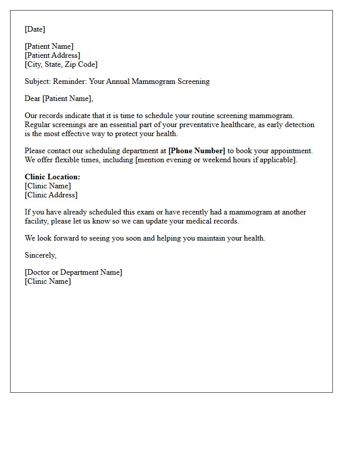 Clinic Patient Mammogram Scheduling Reminder Letter