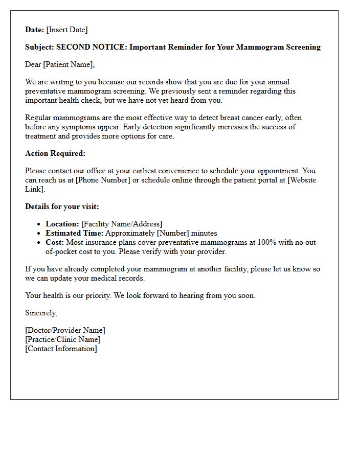 Second Notice Preventative Mammogram Screening Letter