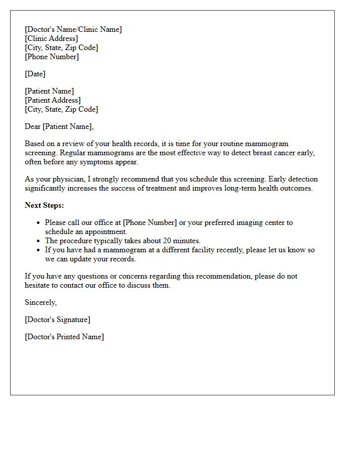 Physician Recommended Mammogram Screening Letter