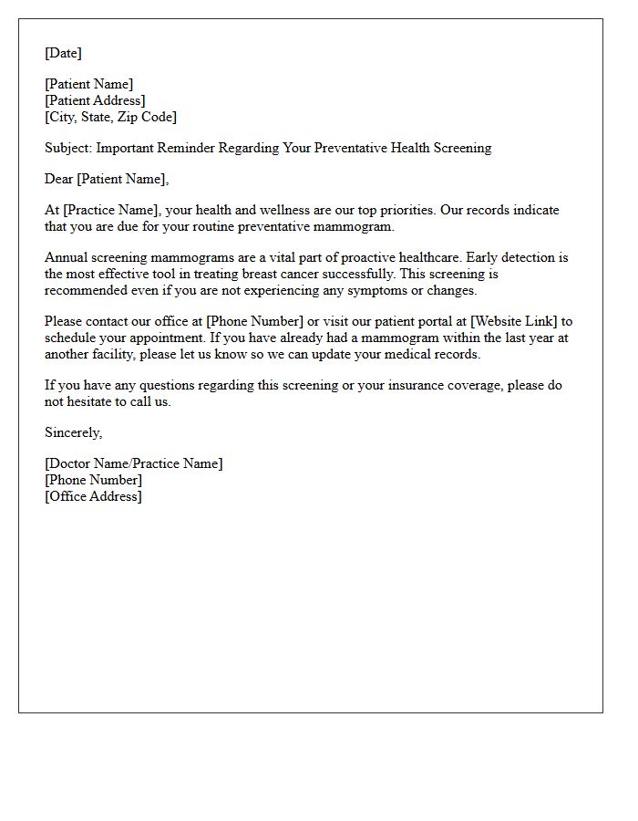 Patient Care Preventative Mammogram Letter