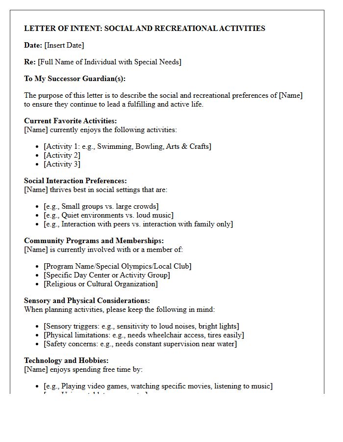 Social and Recreational Activities Letter of Intent for Special Needs Guardianship