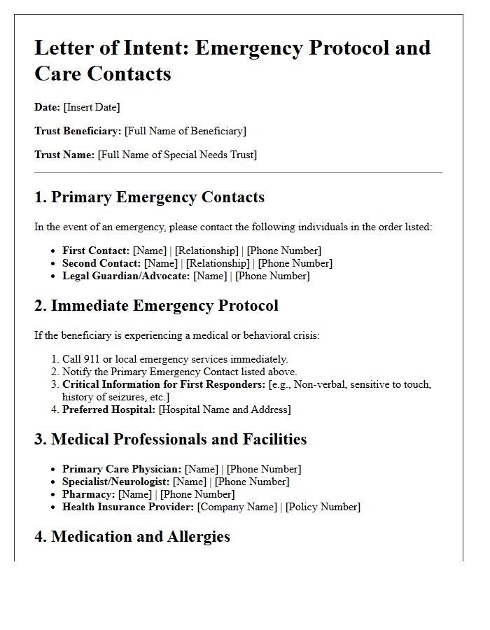 Emergency Protocol and Contacts Letter of Intent for Special Needs Trust Care
