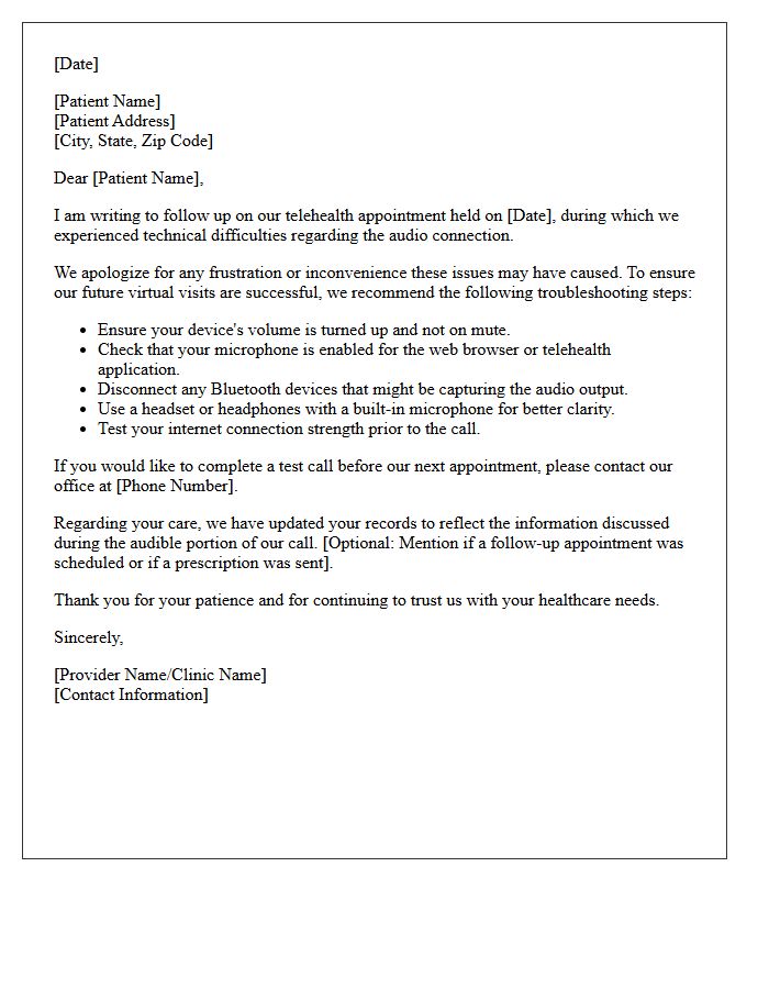 Telehealth Audio Issue Resolution Follow-Up Letter