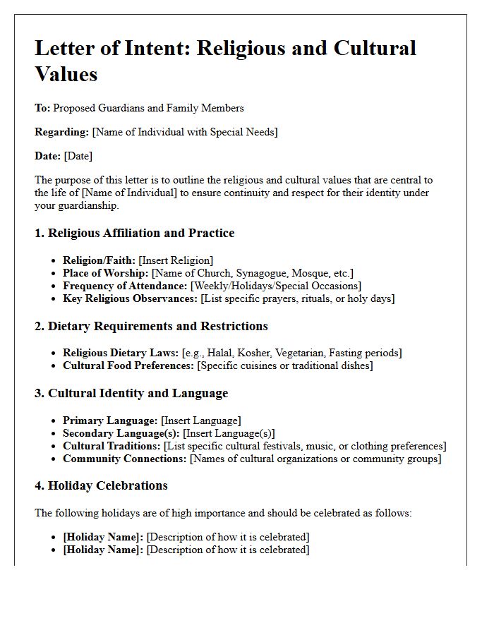 Religious and Cultural Values Letter of Intent for Special Needs Guardianship