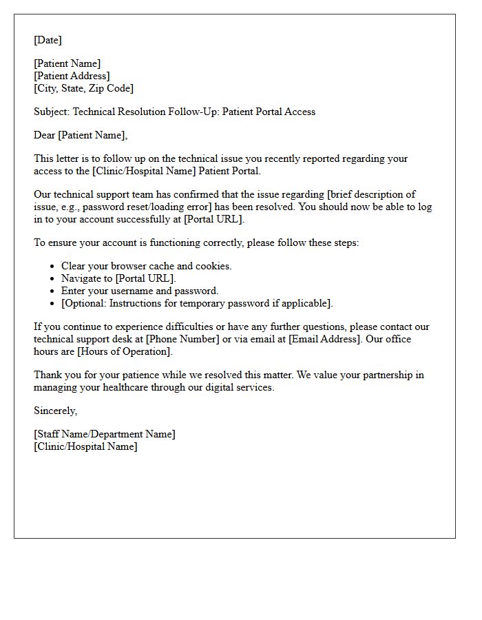 Patient Portal Login Technical Resolution Follow-Up Letter