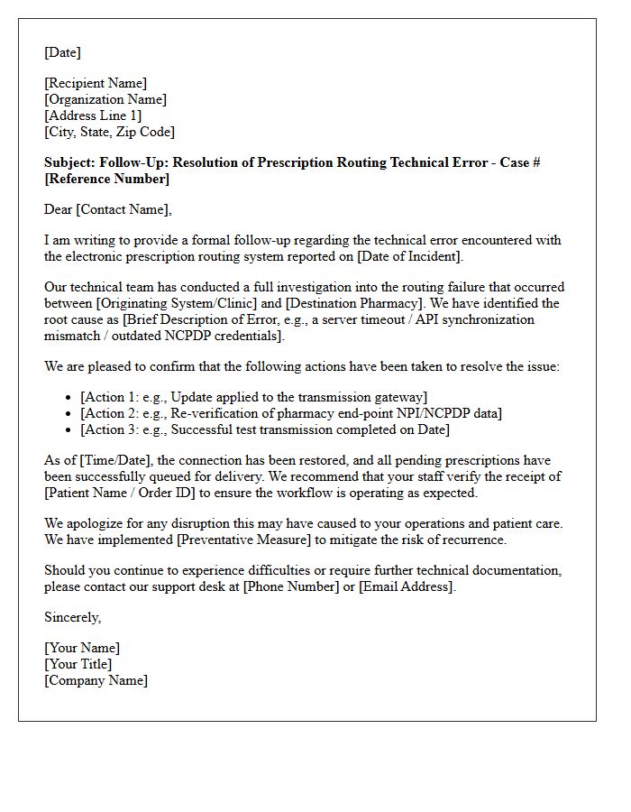 Prescription Routing Technical Error Resolution Follow-Up Letter