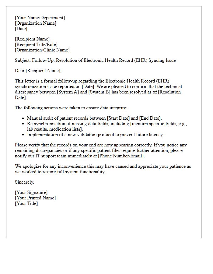 Electronic Health Record Syncing Resolution Follow-Up Letter
