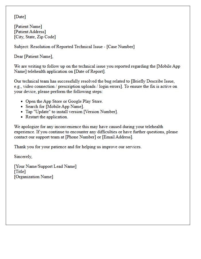 Telehealth Mobile Application Bug Resolution Follow-Up Letter