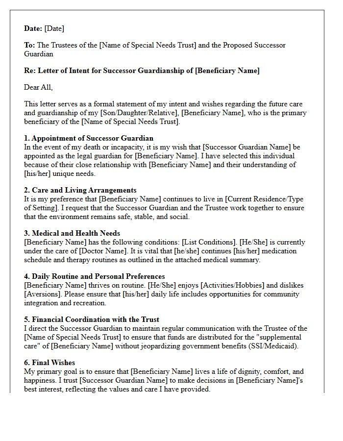 Successor Guardian Appointment Letter of Intent for Special Needs Trusts