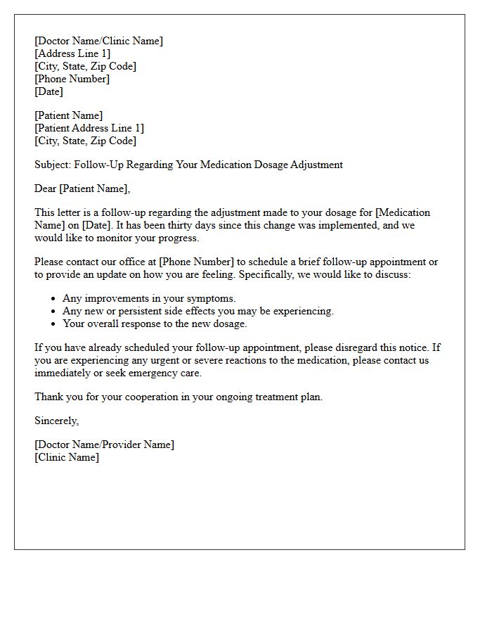 Initial Thirty-Day Dosage Adjustment Follow-Up Letter