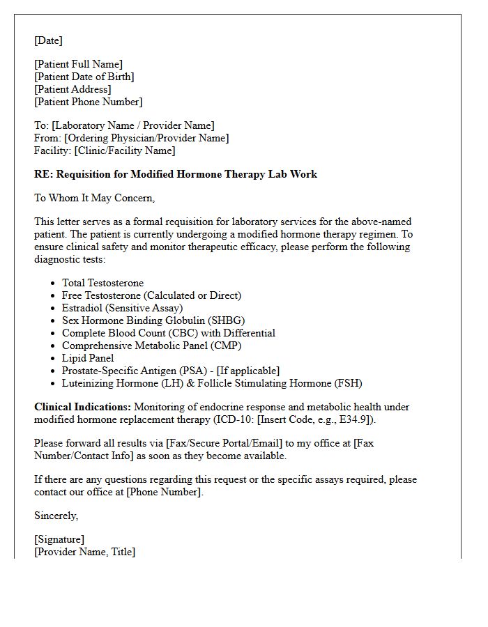 Modified Hormone Therapy Lab Work Requisition Letter
