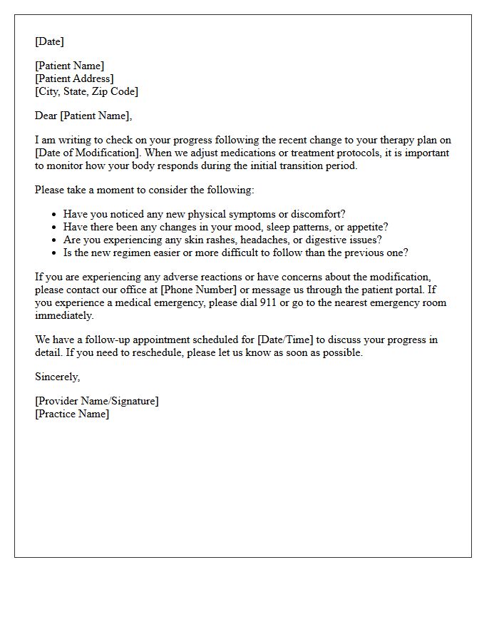 Therapy Modification Adverse Reaction Check-In Letter