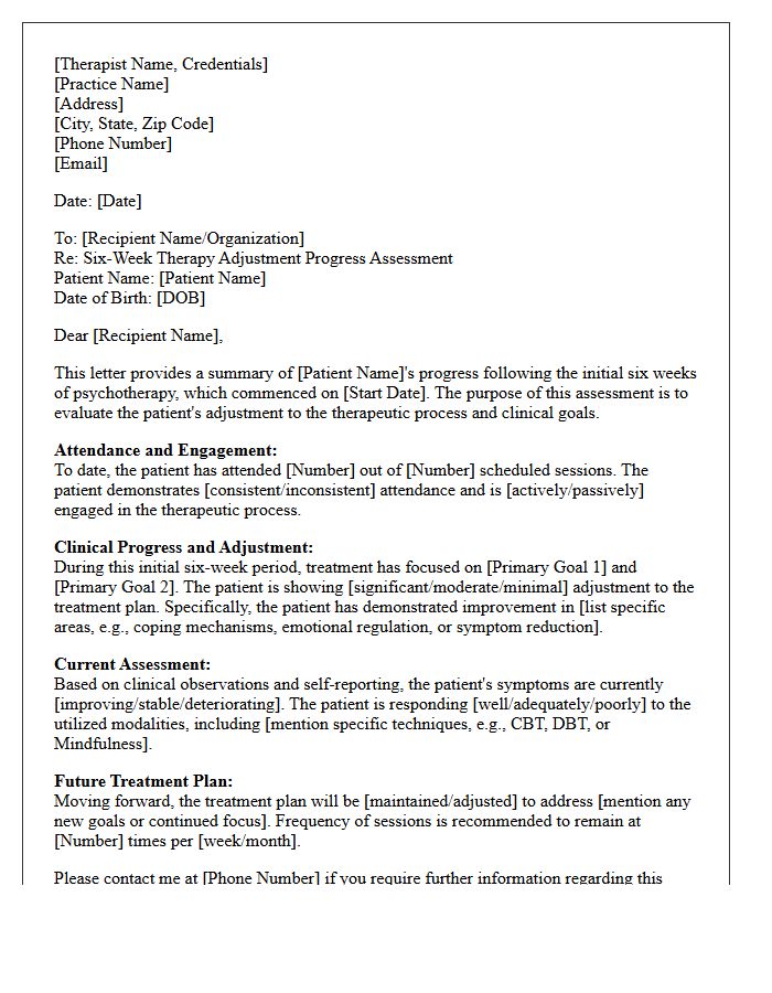 Six-Week Therapy Adjustment Progress Assessment Letter