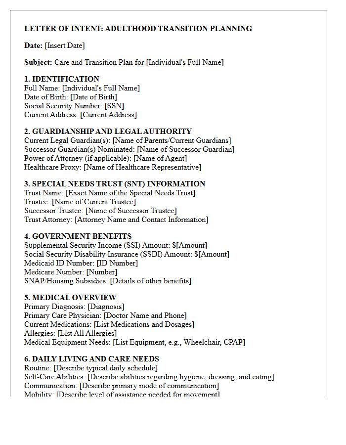 Adulthood Transition Planning Letter of Intent for Special Needs Trust Guardianship