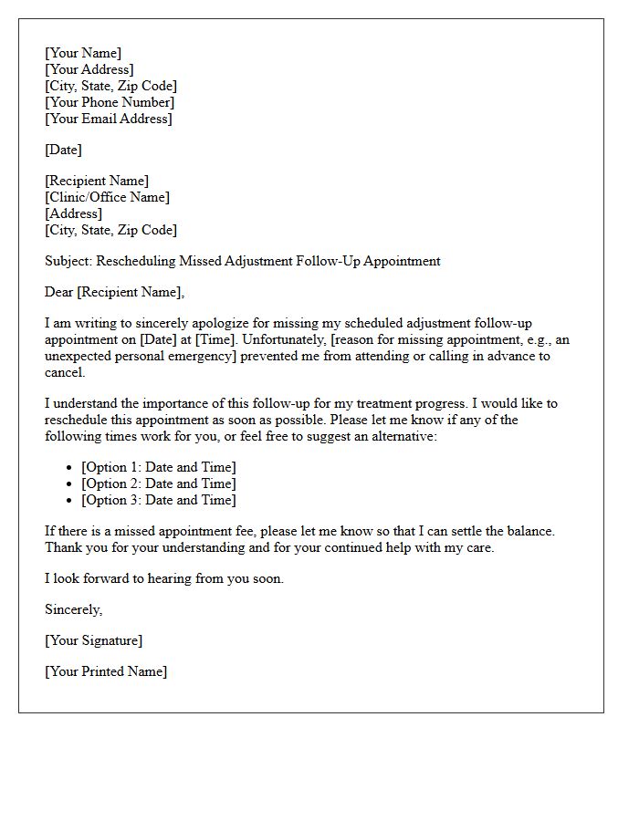 Missed Adjustment Follow-Up Appointment Rescheduling Letter
