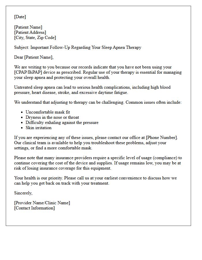 Non-Compliant Sleep Apnea Therapy Follow-Up Letter