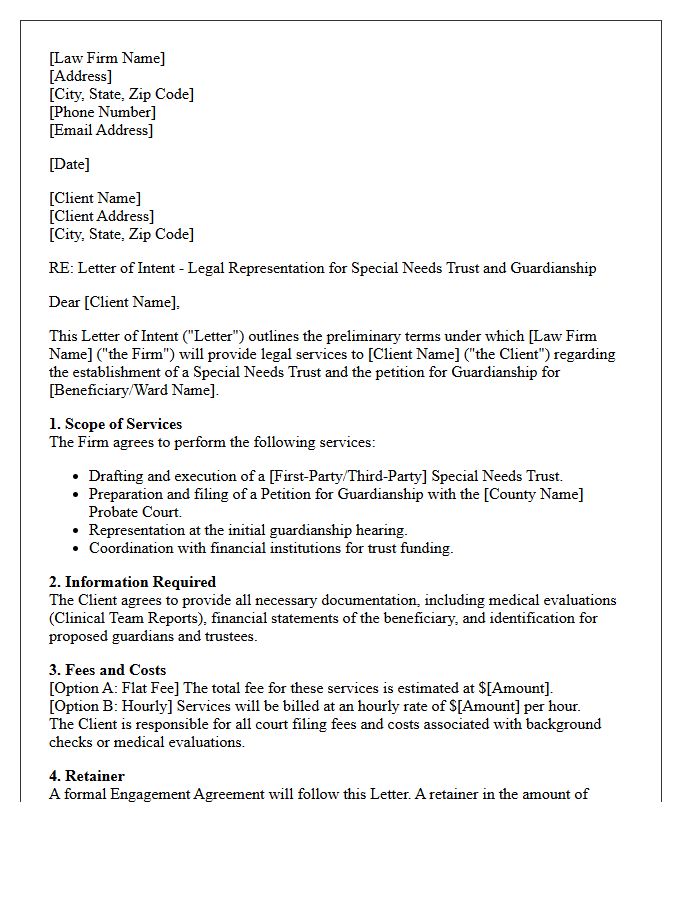 Law Firm Client Intake Letter of Intent for Special Needs Trust Guardianship