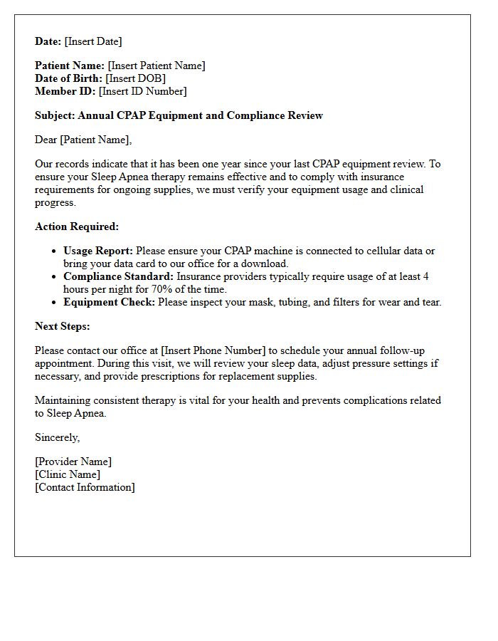 Annual CPAP Equipment Compliance Check Letter