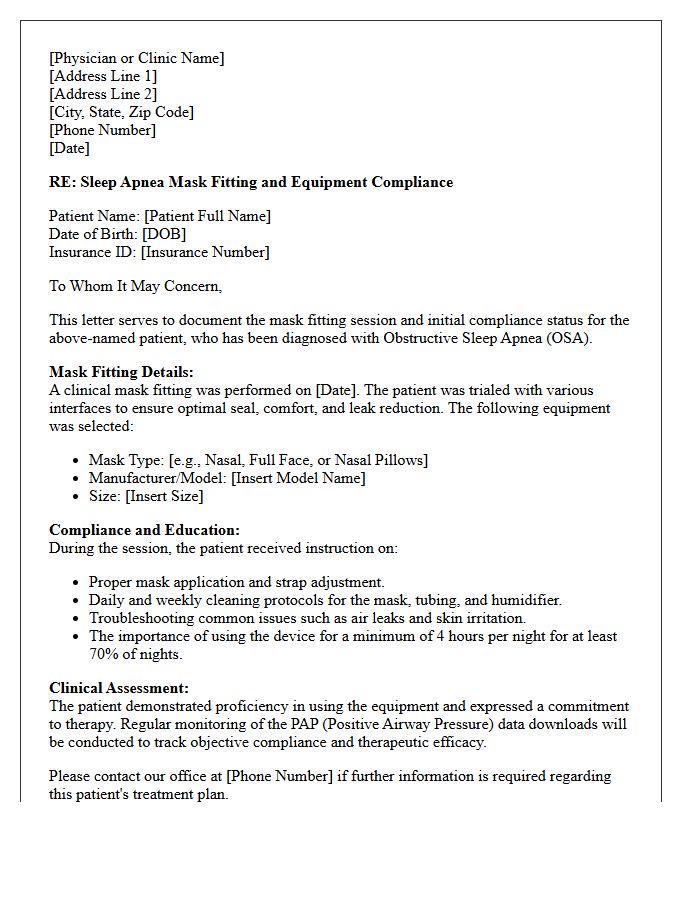 Sleep Apnea Mask Fitting and Compliance Letter