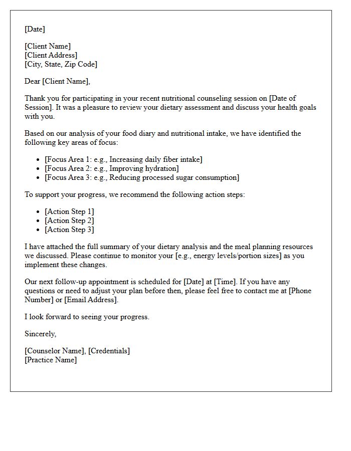 Standard Nutritional Counseling Dietary Assessment Follow-Up Letter