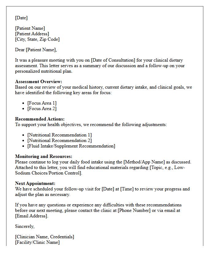 Clinical Dietary Assessment Post-Consultation Follow-Up Letter