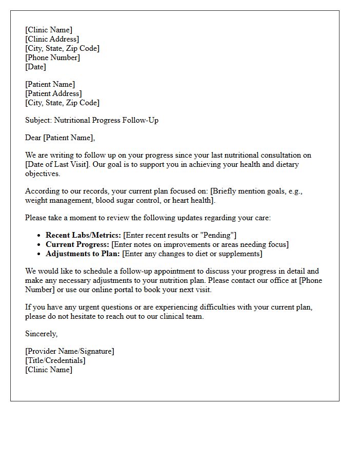Medical Clinic Nutritional Progress Follow-Up Letter