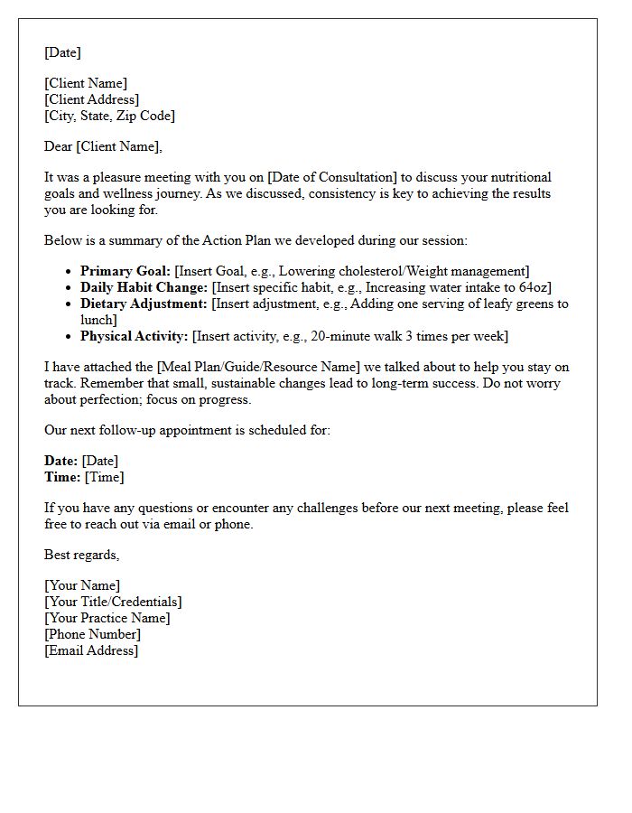 Nutritional Counseling Action Plan Follow-Up Letter
