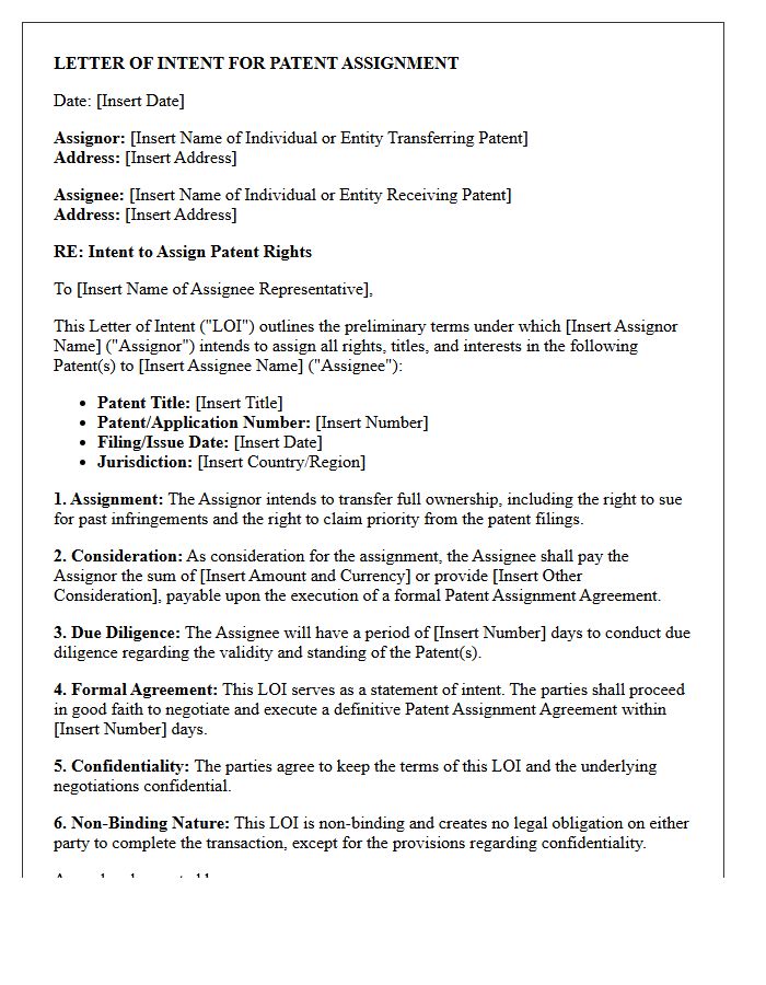Letter of Intent for Patent Assignment on Behalf of Assignor