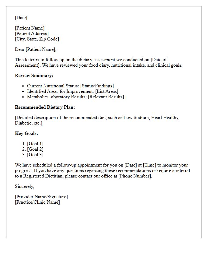 Patient Dietary Assessment Review Follow-Up Letter