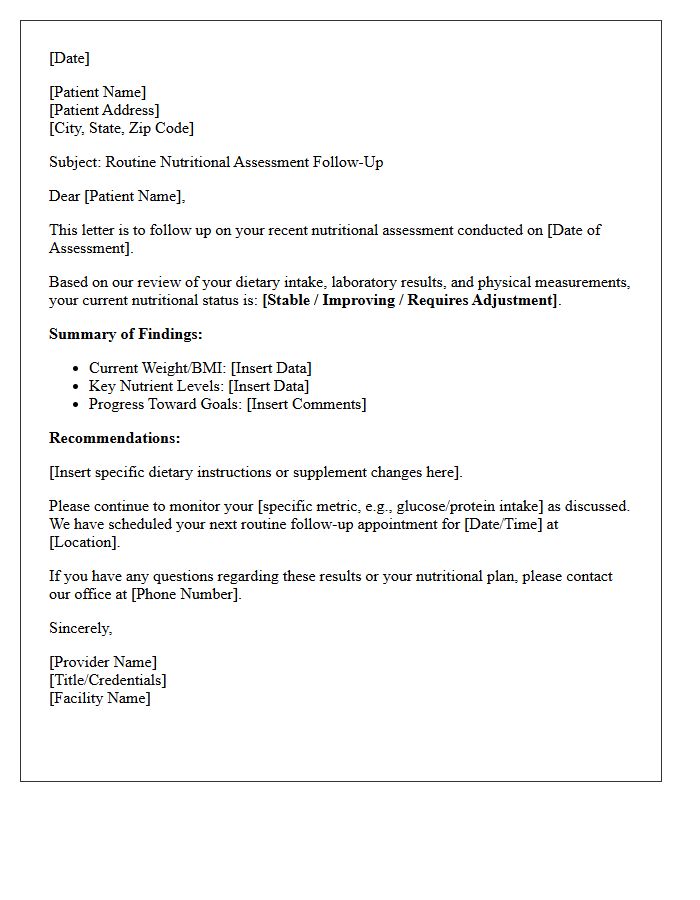 Routine Nutritional Assessment Status Follow-Up Letter
