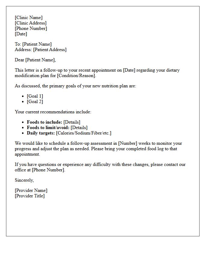 Medical Clinic Dietary Modification Follow-Up Letter
