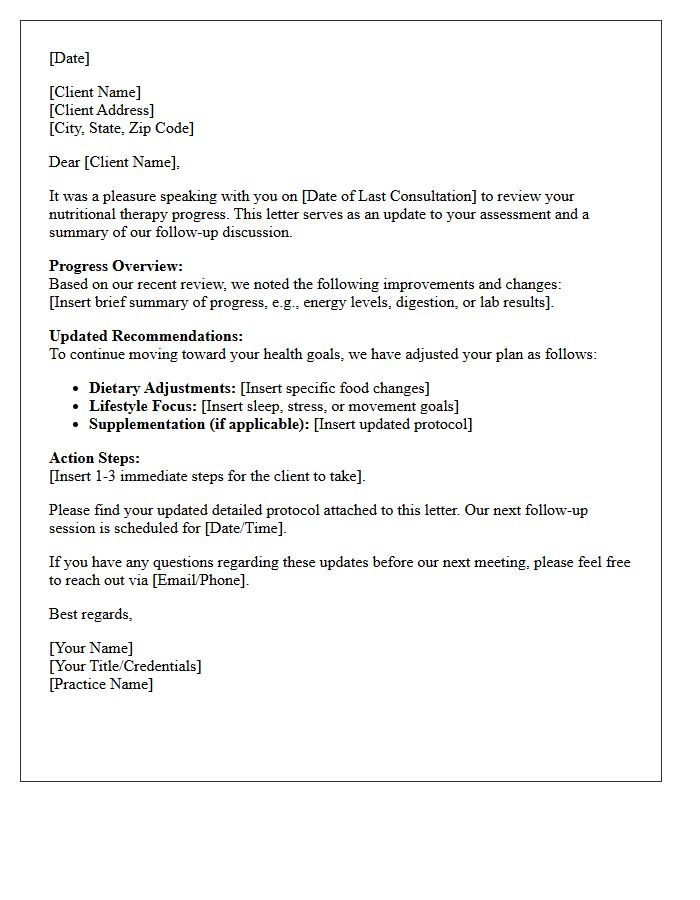 Nutritional Therapy Assessment Update Follow-Up Letter