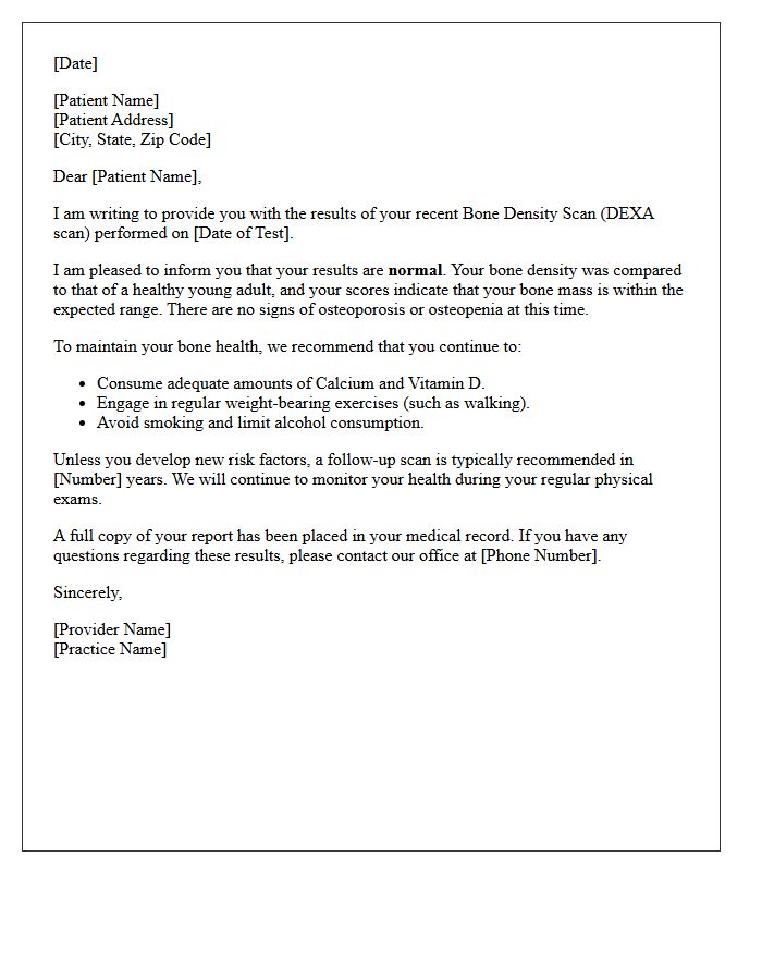 Normal Bone Density Scan Result Follow-Up Letter