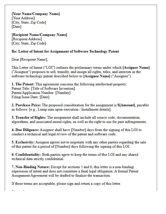 Letter of Intent for Software Technology Patent Assignment