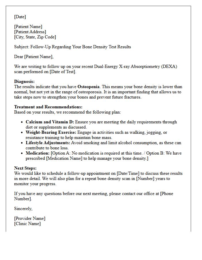 Osteopenia Diagnosis and Treatment Follow-Up Letter