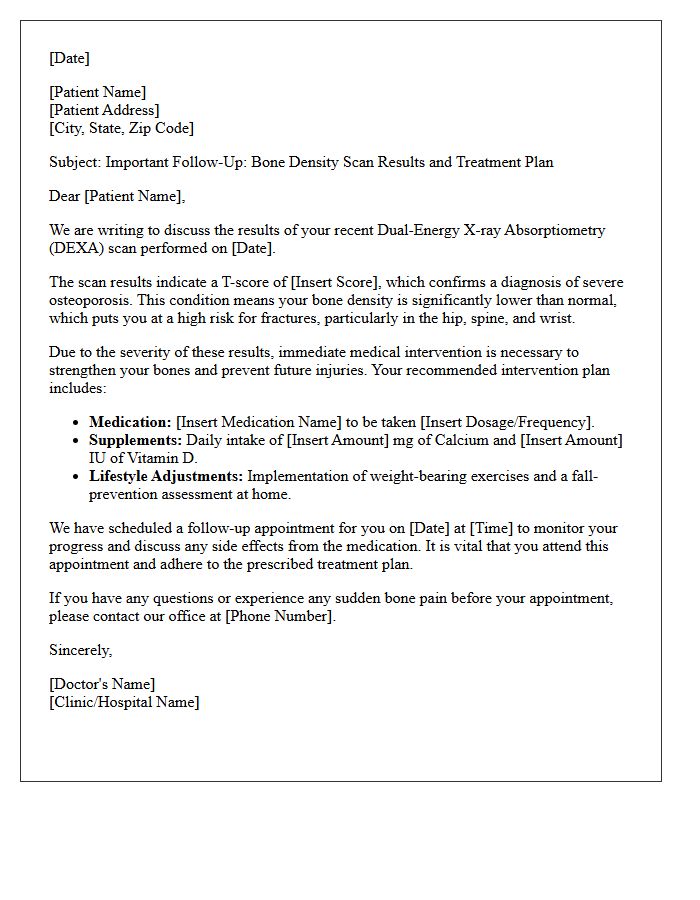 Severe Osteoporosis Scan Result and Intervention Follow-Up Letter