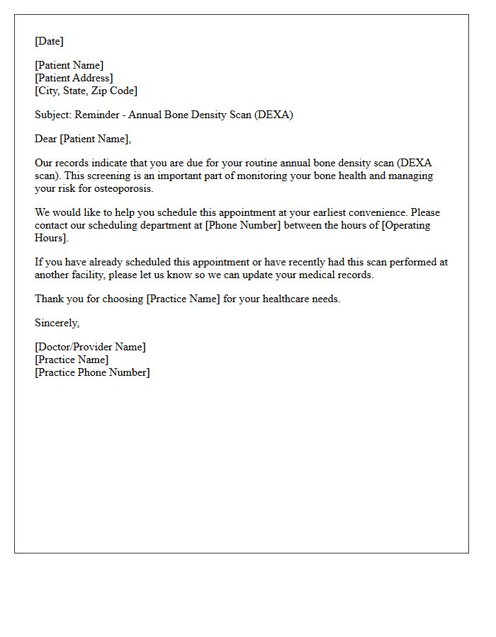 Routine Annual Bone Density Scan Scheduling Follow-Up Letter