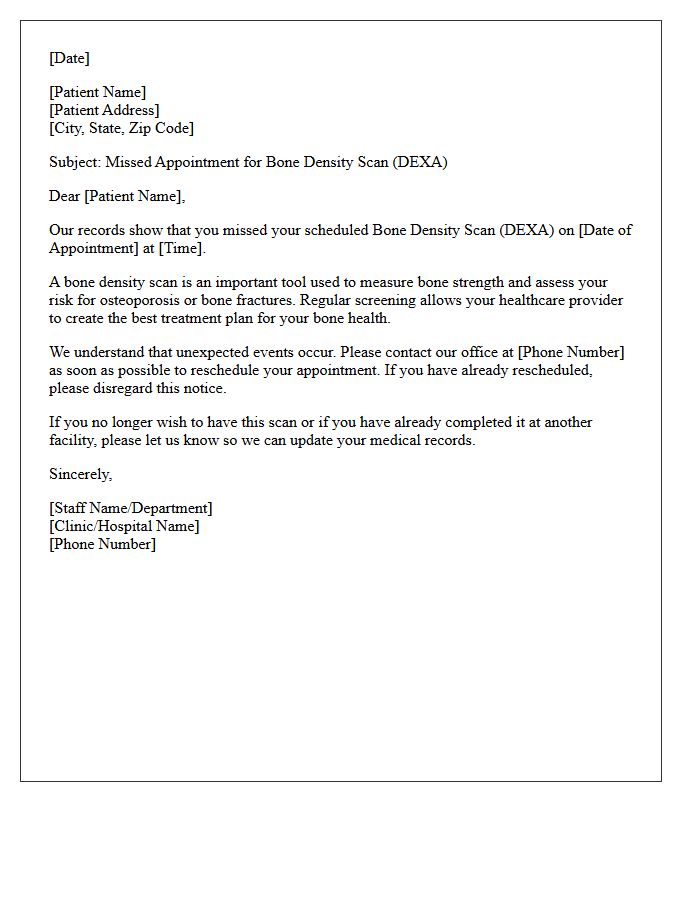Missed Bone Density Scan Appointment Follow-Up Letter