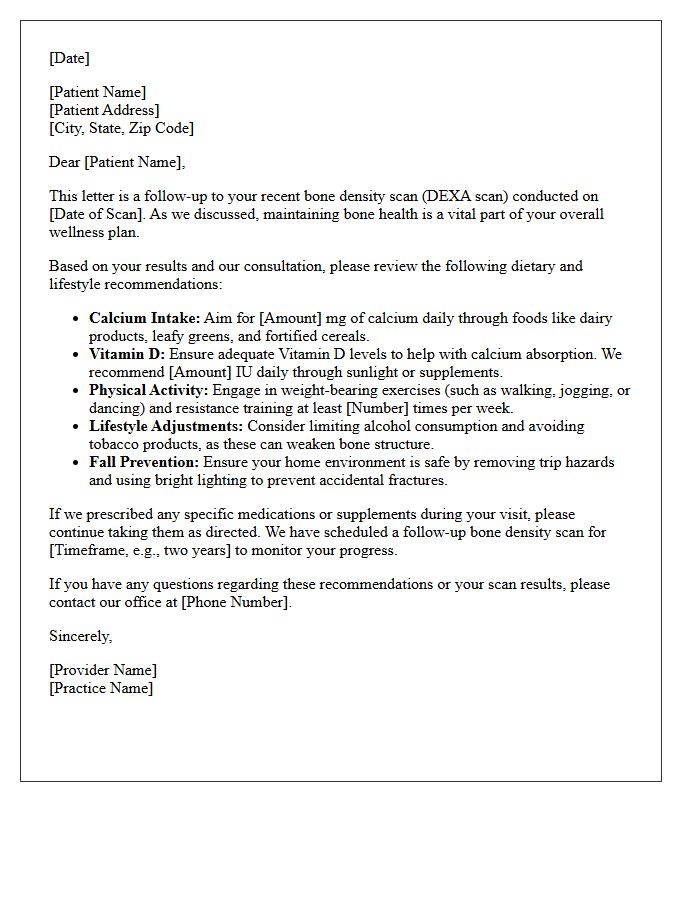 Bone Density Scan Dietary and Lifestyle Counseling Follow-Up Letter