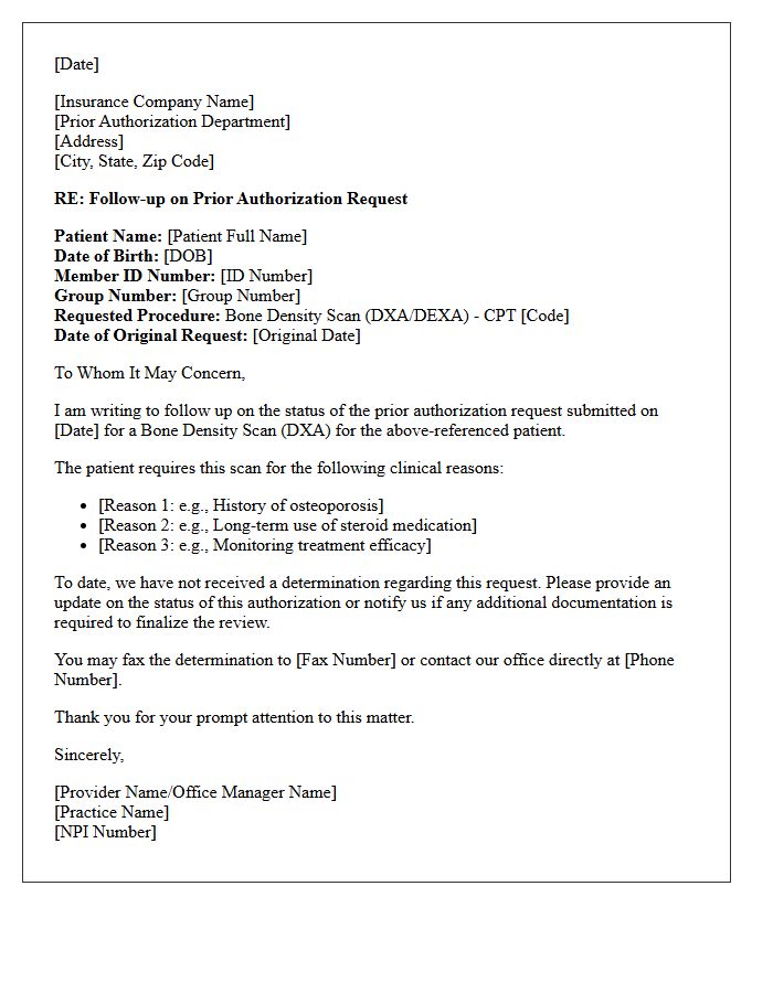 Insurance Authorization for Bone Density Scan Follow-Up Letter