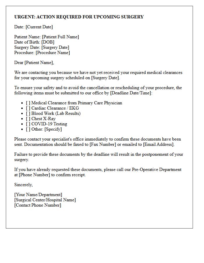 Urgent Pre-Operative Clearance Instructions Follow-Up Letter