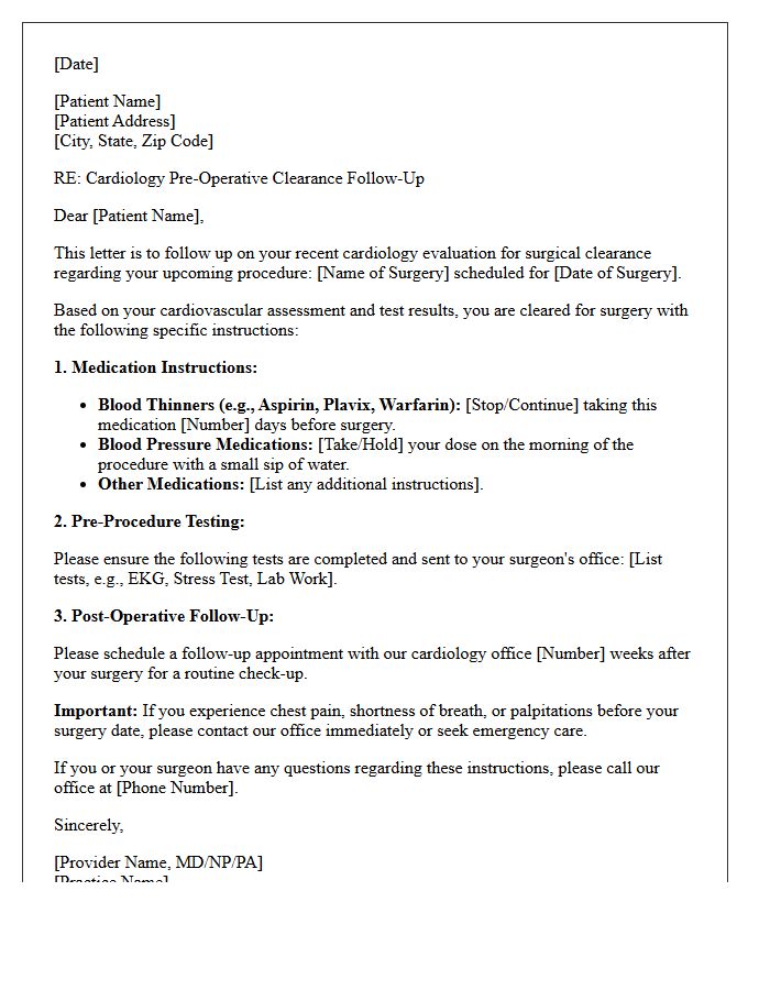 Cardiology Pre-Operative Clearance Instructions Follow-Up Letter