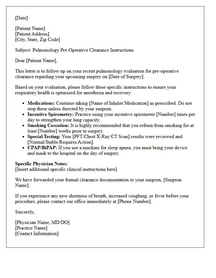 Pulmonology Pre-Operative Clearance Instructions Follow-Up Letter