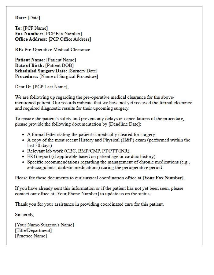 Primary Care Physician Pre-Operative Clearance Instructions Follow-Up Letter