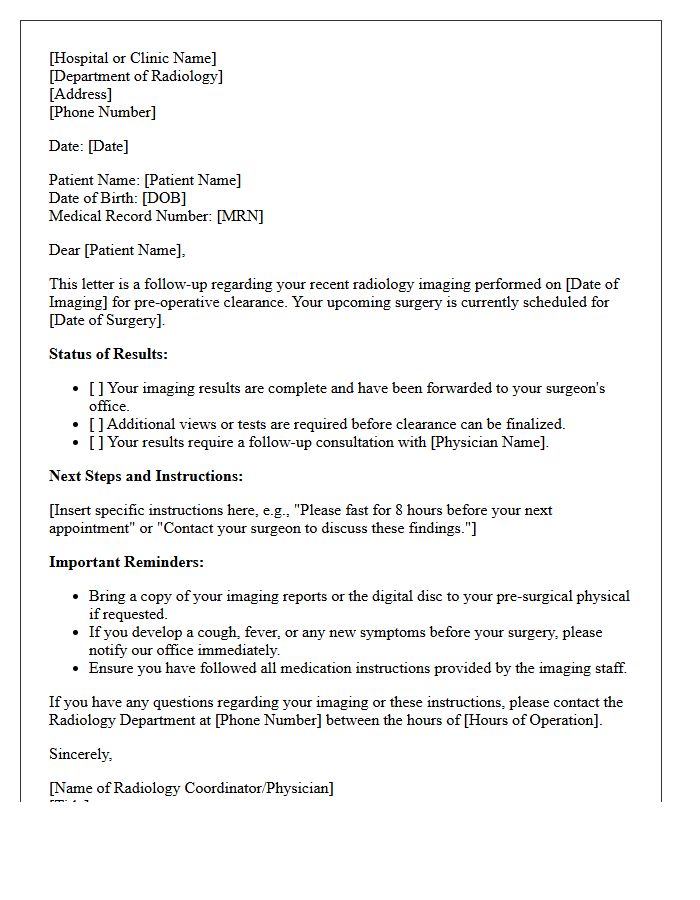 Radiology Imaging Pre-Operative Clearance Instructions Follow-Up Letter