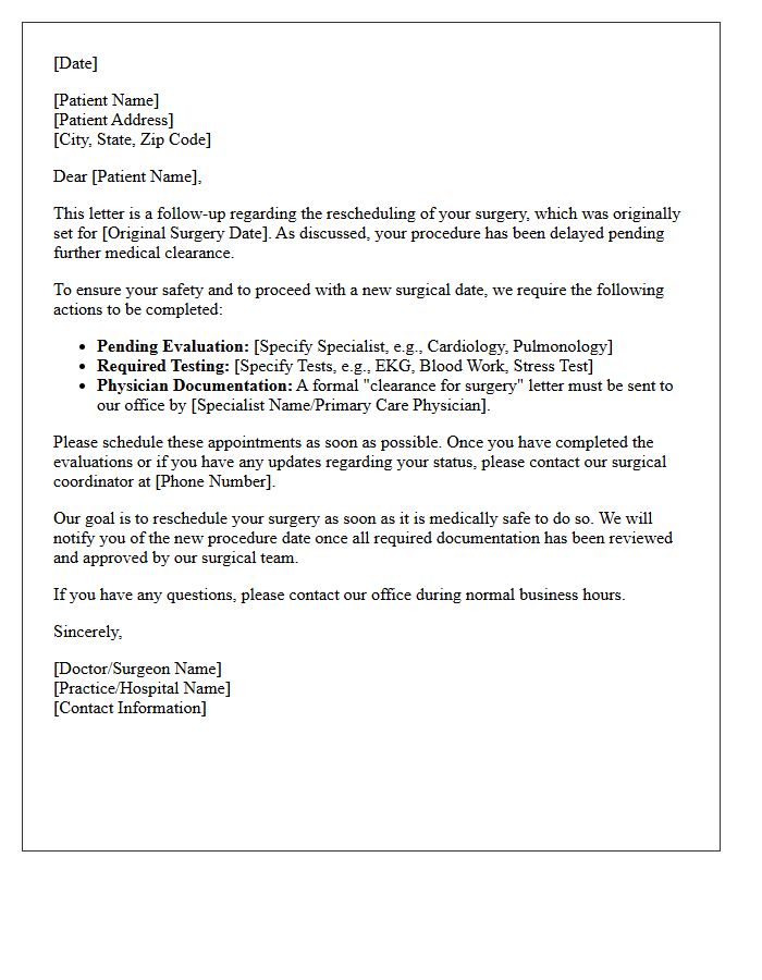 Surgical Delay Pre-Operative Clearance Instructions Follow-Up Letter