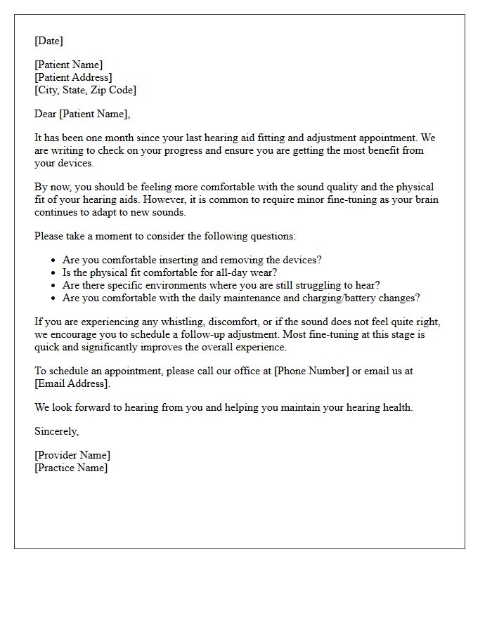 One-Month Hearing Aid Adjustment Follow-Up Letter